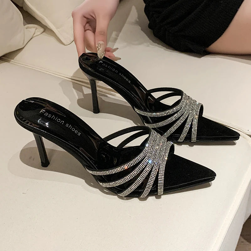 Pantoufles Sexy à talons hauts pour femmes, mode d'été, bande étroite en cristal, à bout pointu