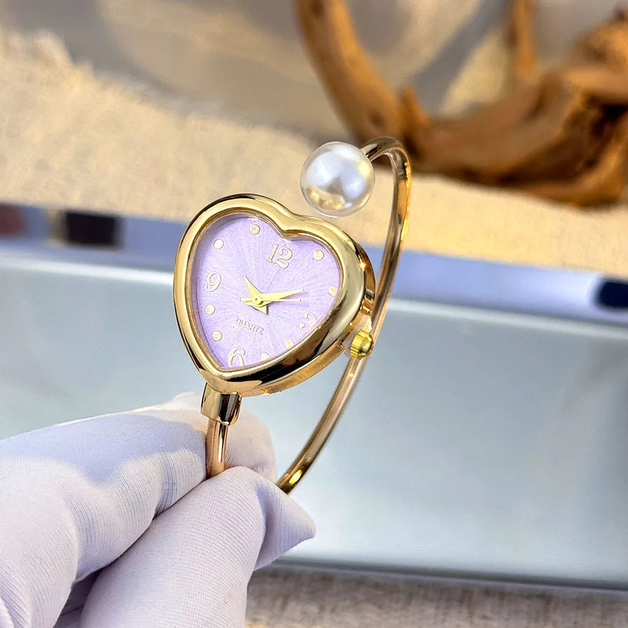 Montre Style Bracelet conception ouverte perle amour montre à Quartz, forme de coeur délicate, montre pour femme Portable nouveau style