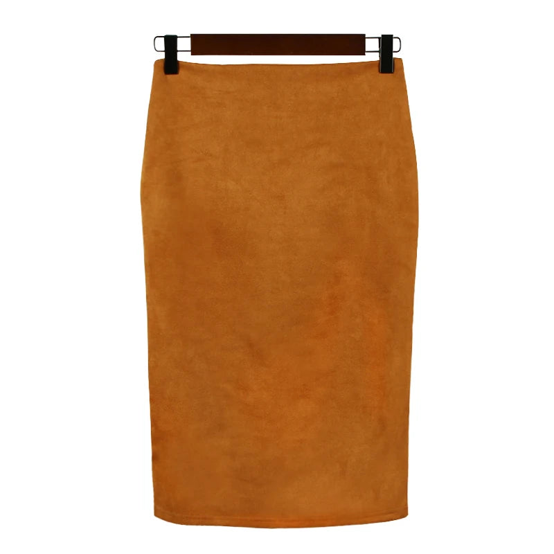 Jupe crayon taille haute moulante pour femme Vintage daim fendu épais extensible couleur unie