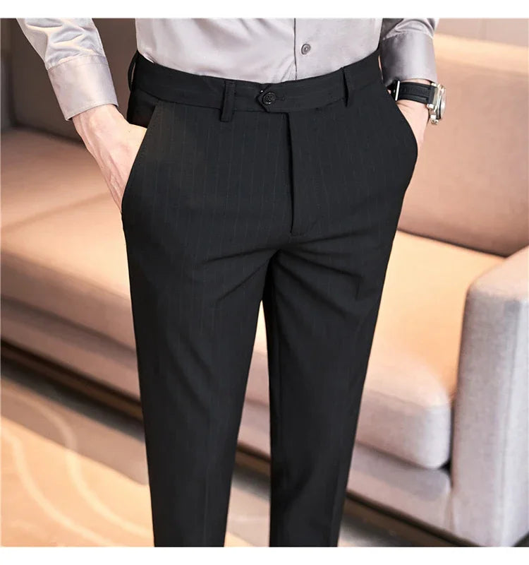 Pantalons décontractés à rayures noires pour hommes, trempés, vêtements de cérémonie pour hommes, robe de mariée, style britannique, affaires, boutique, qualité fjQuality