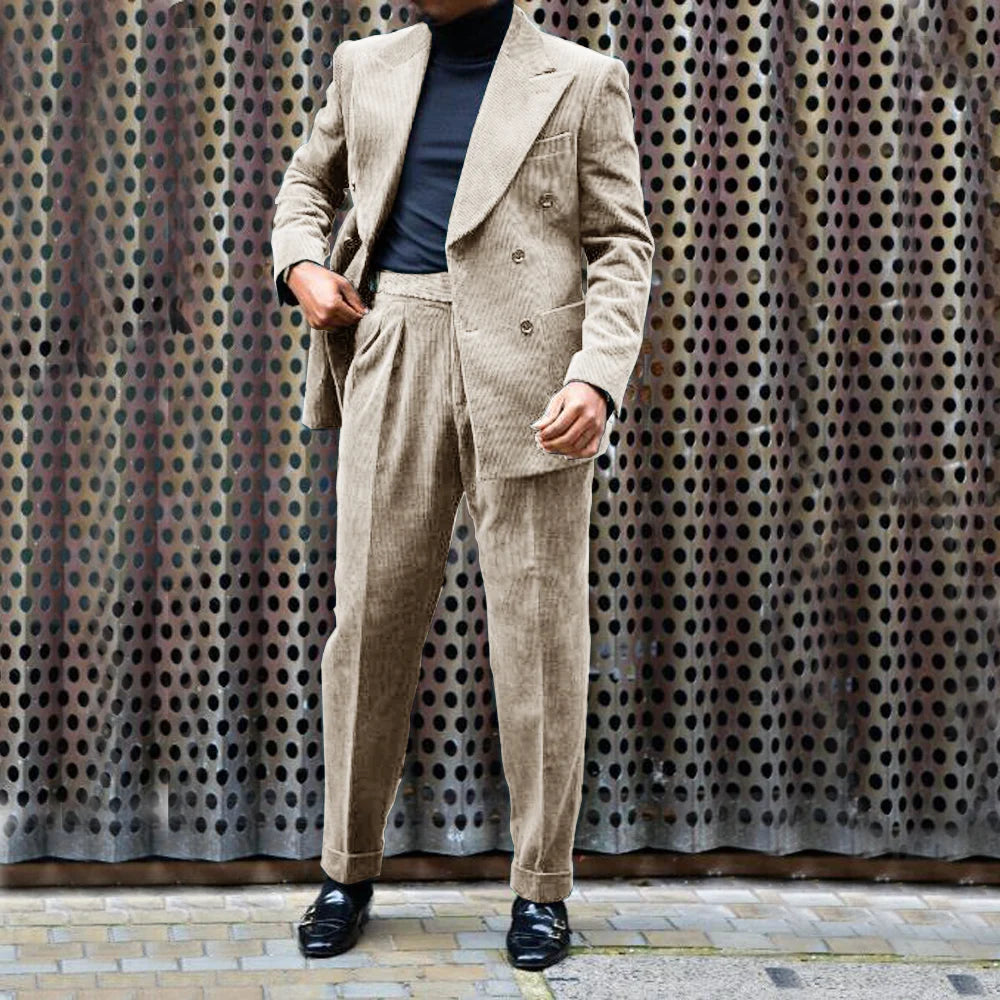 Ensemble Veste et pantalon en velours côtelé pour hommes, tenue de mariage décontractée, double boutonnage, revers Entièrement trempé, 2 pièces