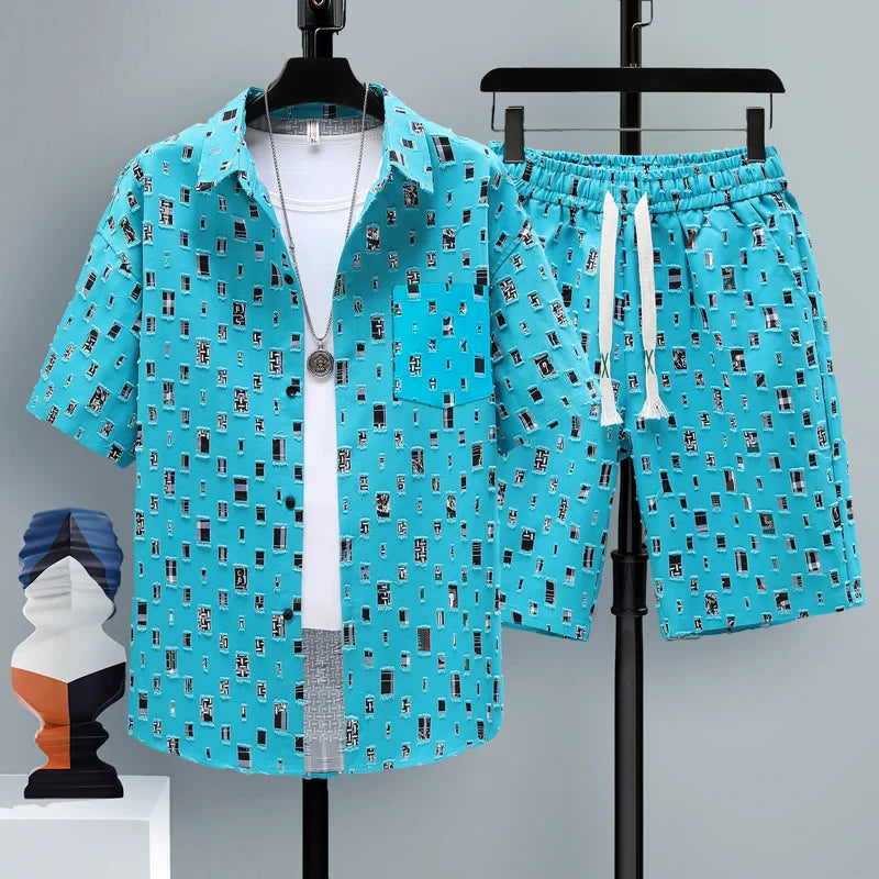 Ensemble survêtement hommes 2 pieces chemise Shorts Harajuku +Streetwear surdimensionné