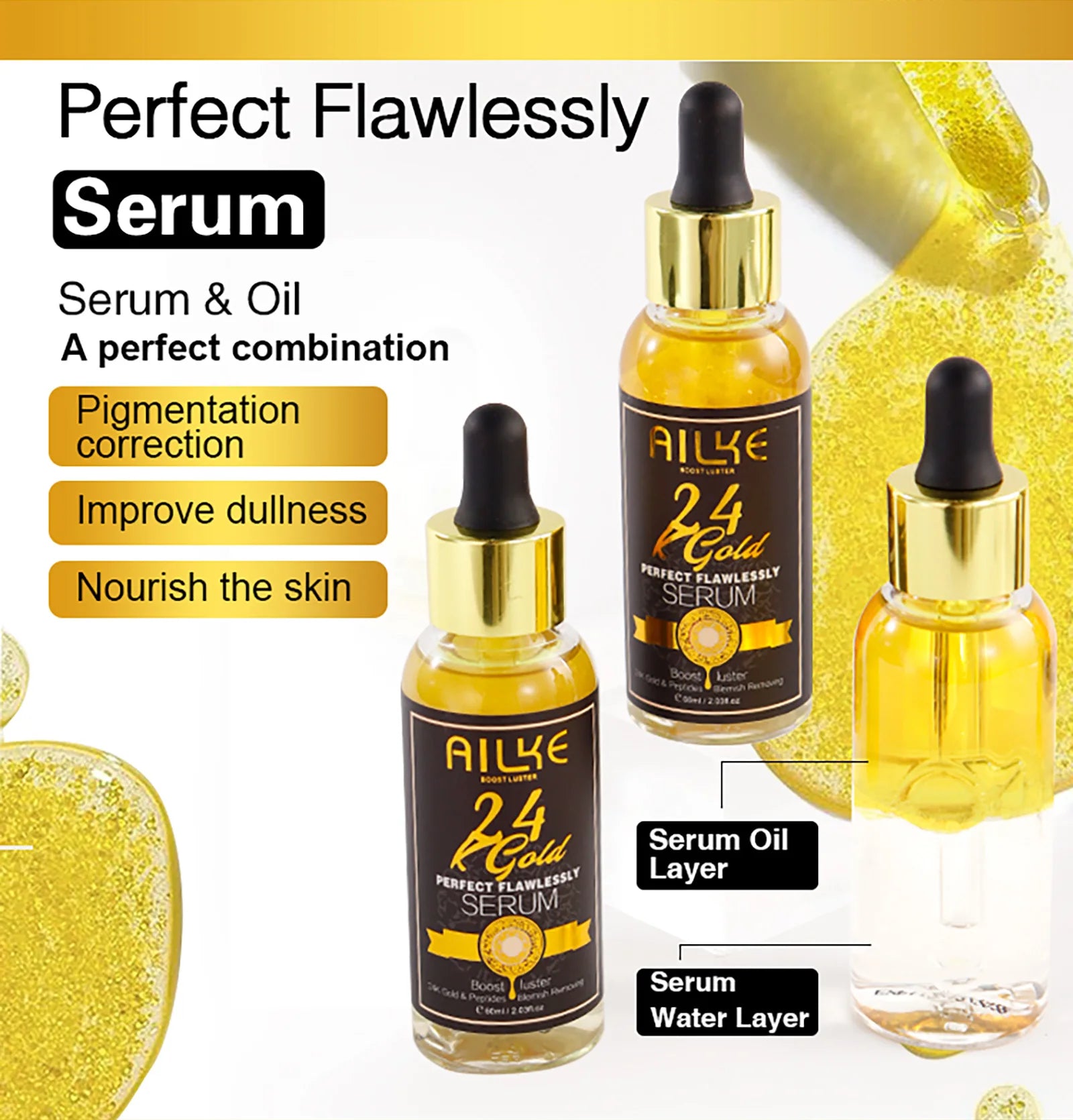 AILKE 24K Glod Gamme de soins pour la peau impeccable, blanchissant la peau, réduit les taches foncées, la mélanine, les rides, hydrate, pour femmes et hommes