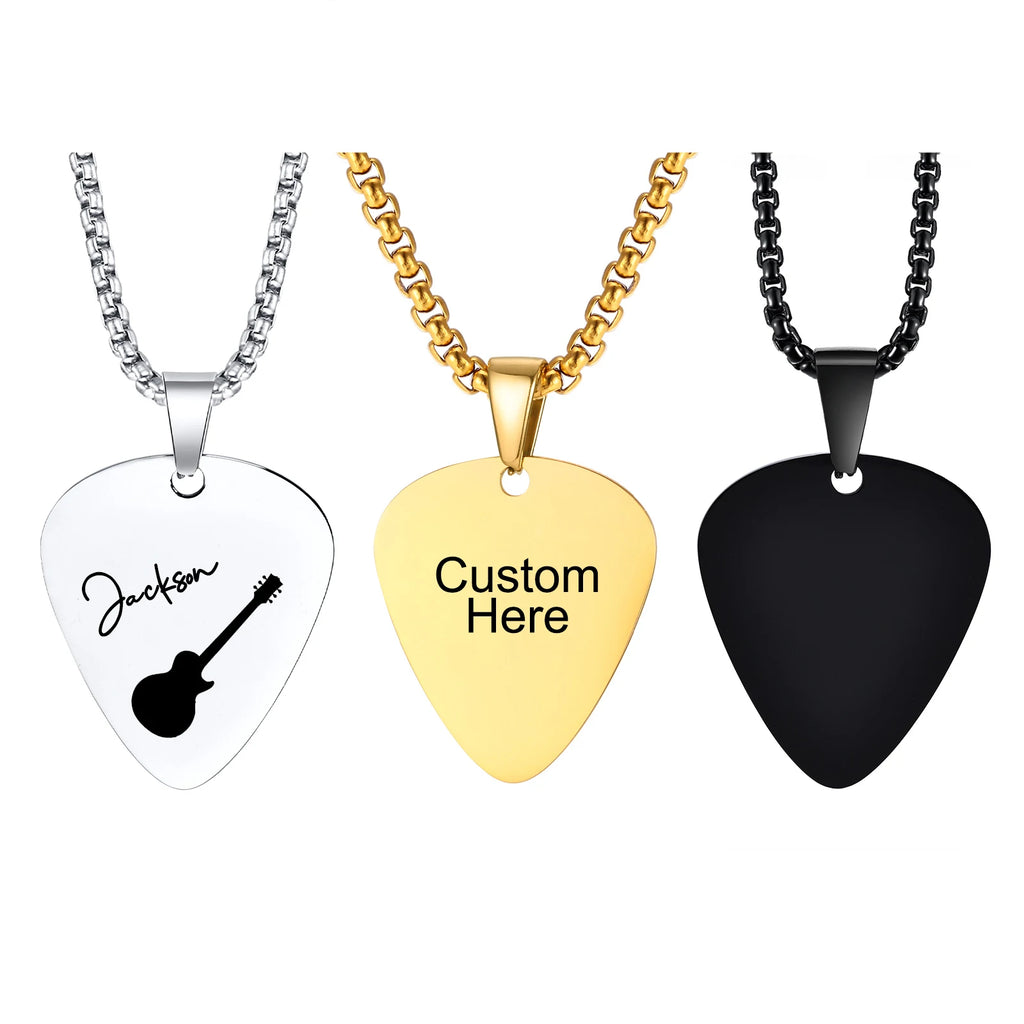 colliers de plectres de guitare avec nom personnalisé gratuit, pendentif de plectre de guitare personnalisé avec chaîne de boîte, cadeau pour les amoureux de la musique