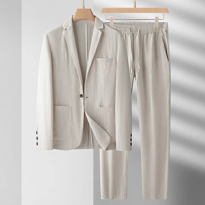 Ensemble  printemps et été nouveau costume en lin pour hommes de luxe  décontracté tissu coton de haute qualité