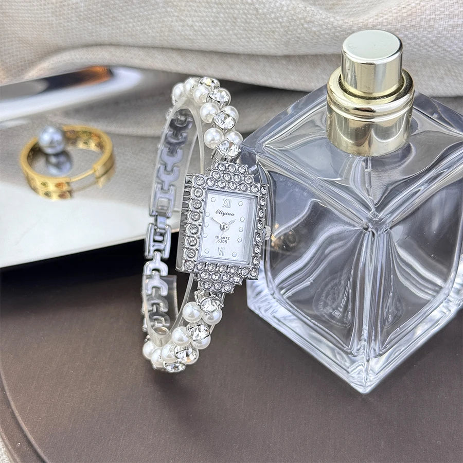 Montre  Double rangée exquis petite perle Bracelet montre carré incrusté de diamants lumière luxe dames montre à Quartz