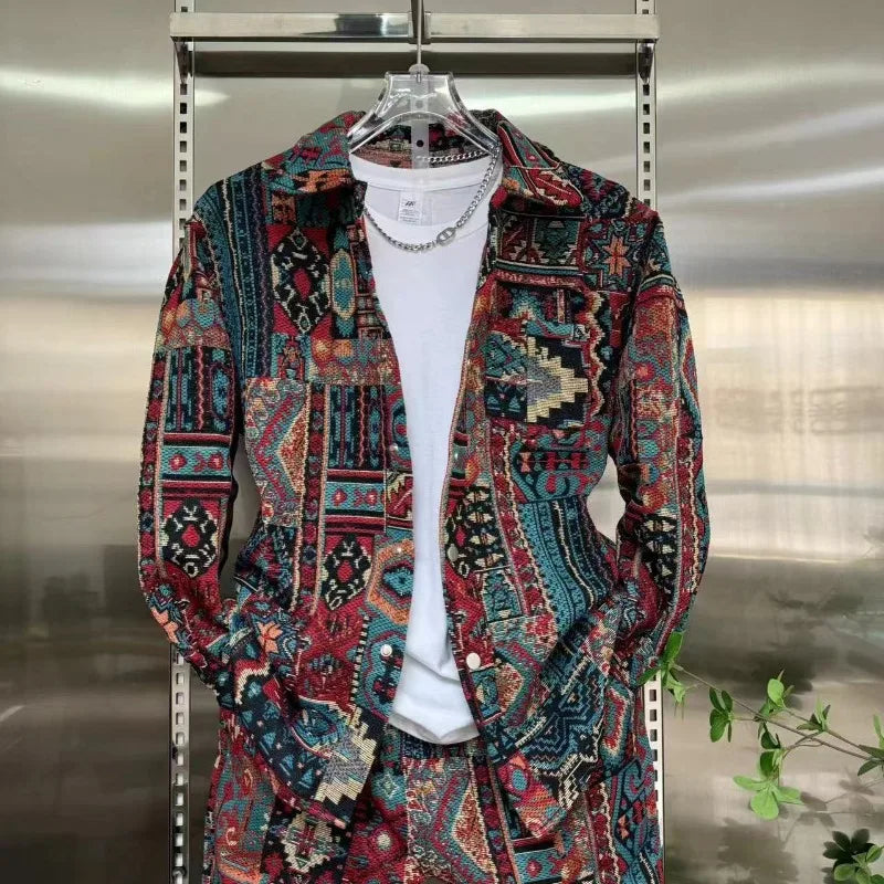 Ensemble pour homme Printemps chemise décontracté veste imprimé couleur Jacquard revers + pantalon