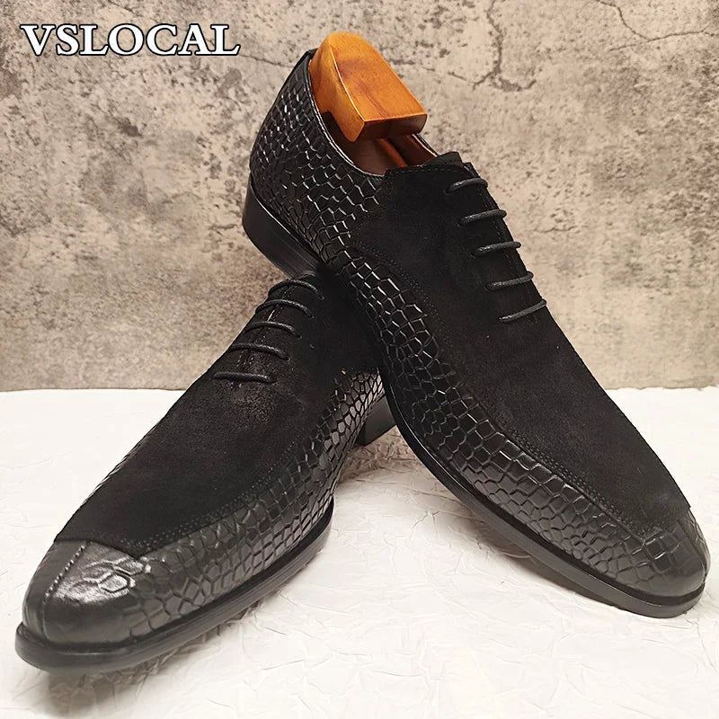 Chaussure  pour Hommes de luxe Oxford à lacets bout fendu ,chaussures habillées Crocodile imprimé en cuir