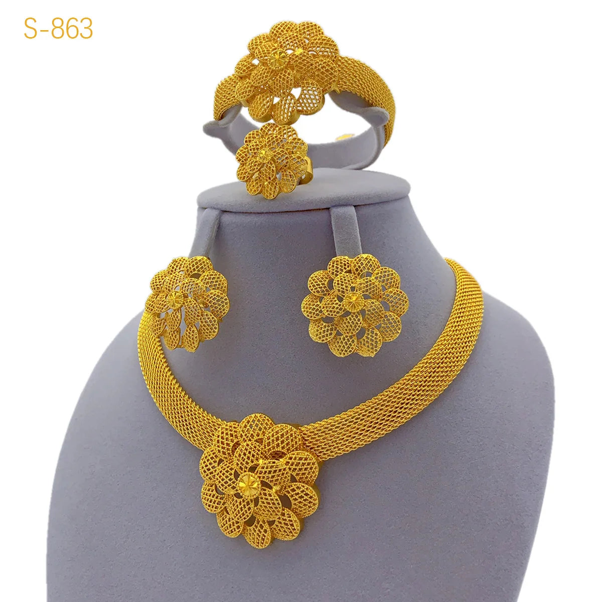 Ensemble de bijoux de mariage de luxe AU999 en or 24 carats avec fleurs! 4 pièces (bracelet + boucles d'oreilles + bague + collier) flatteur, signification de bénisse pour jeunes mariés