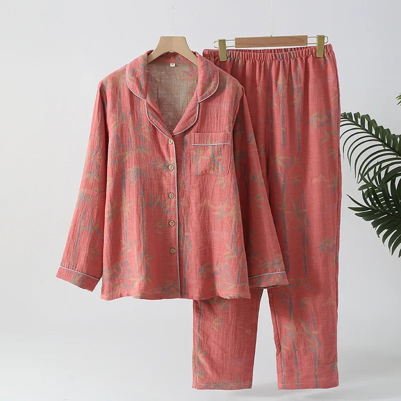 Pyjama rétro Double couche en pur coton pour femmes, ensemble deux pièces à manches longues, vêtements de maison, vêtements de nuit nouvelle collection 2026