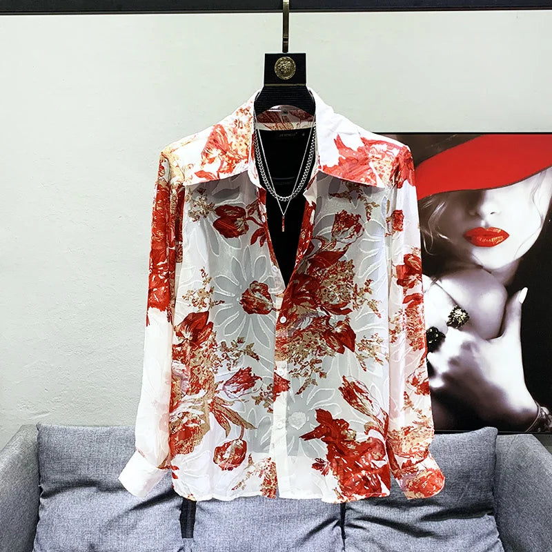 Autumn Men'S Temperament Light Luxury Thin Tops Breathable Jacquard Lapel Shoulder Pad Print Creativity Tide Shirts 21Z1993