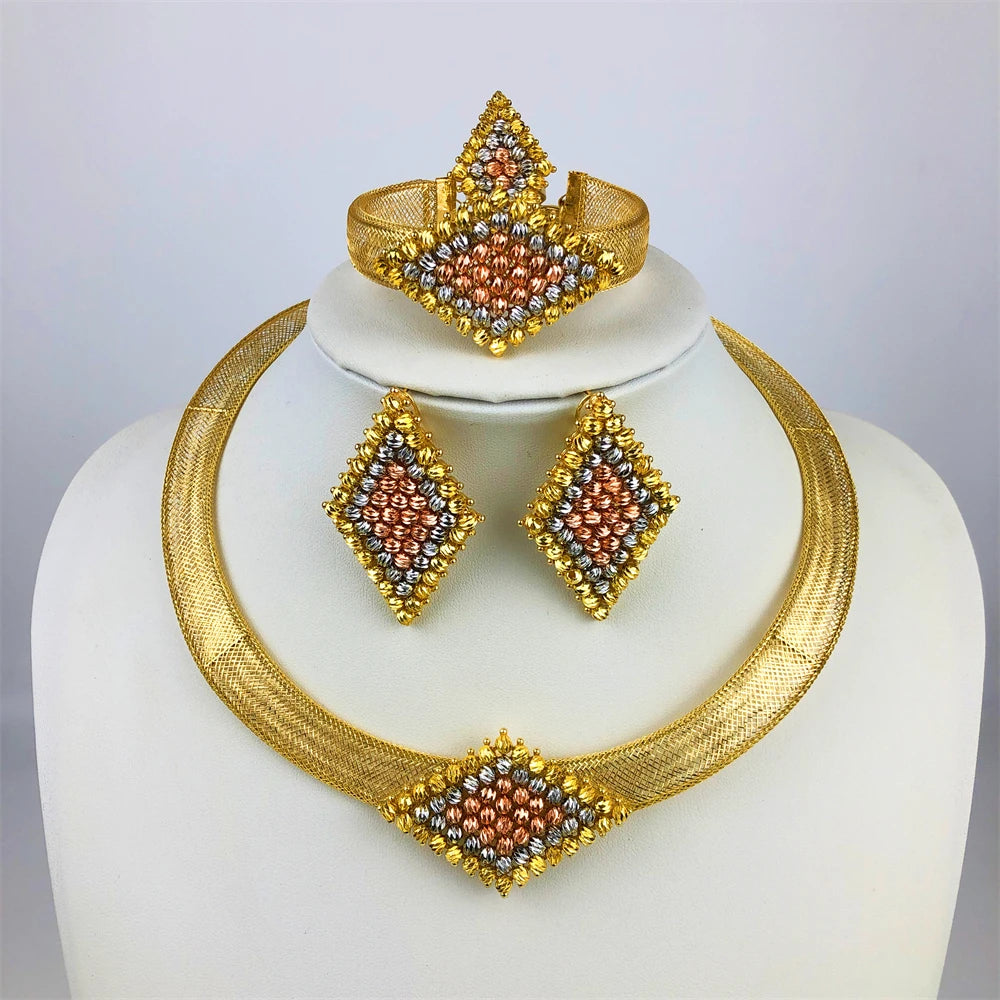 ESALE Nigeria Original 18K plaqué or ensemble de bijoux femmes grand collier audacieux boucles d'oreilles Bracelet bague accessoire de fête de mariage