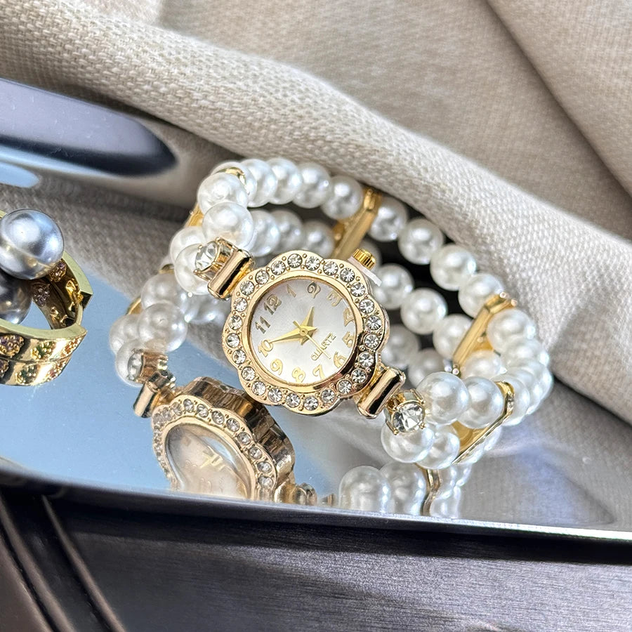 Montre a perle diamant incrusté bande élastique montre Vintage luxe Bracelet Style pratique pour dames montre-Bracelet à Quartz