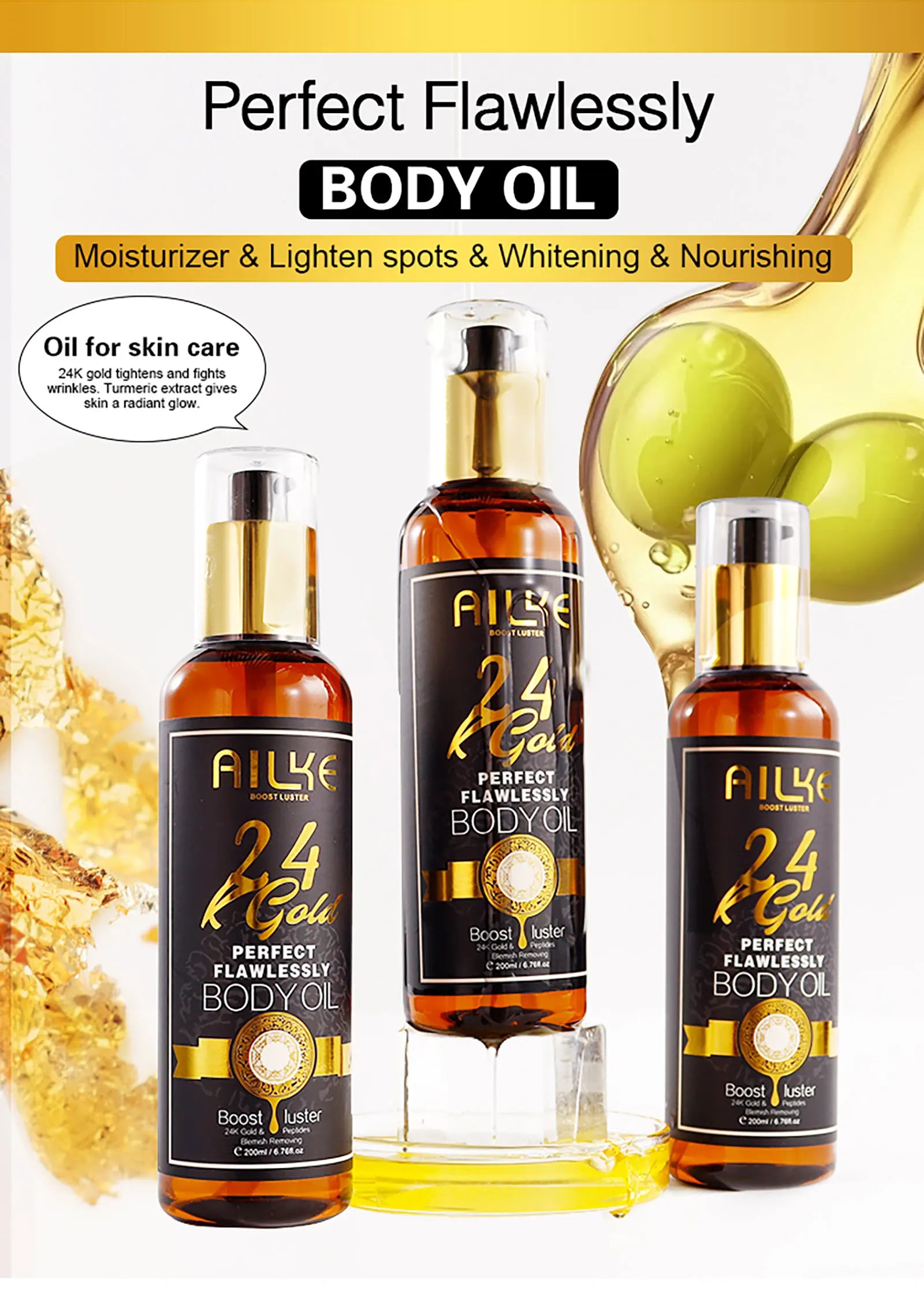 AILKE 24K Glod Gamme de soins pour la peau impeccable, blanchissant la peau, réduit les taches foncées, la mélanine, les rides, hydrate, pour femmes et hommes