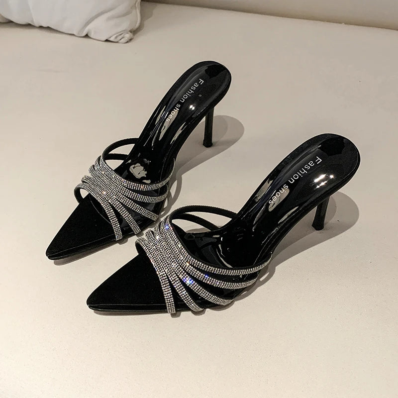 Pantoufles Sexy à talons hauts pour femmes, mode d'été, bande étroite en cristal, à bout pointu