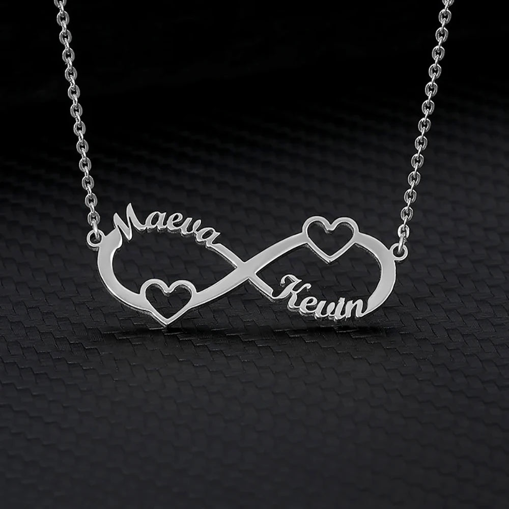 Colliers infini personnalisés à Double cœur et deux noms pour femmes, pendentif en acier inoxydable, bijoux personnalisés, cadeau