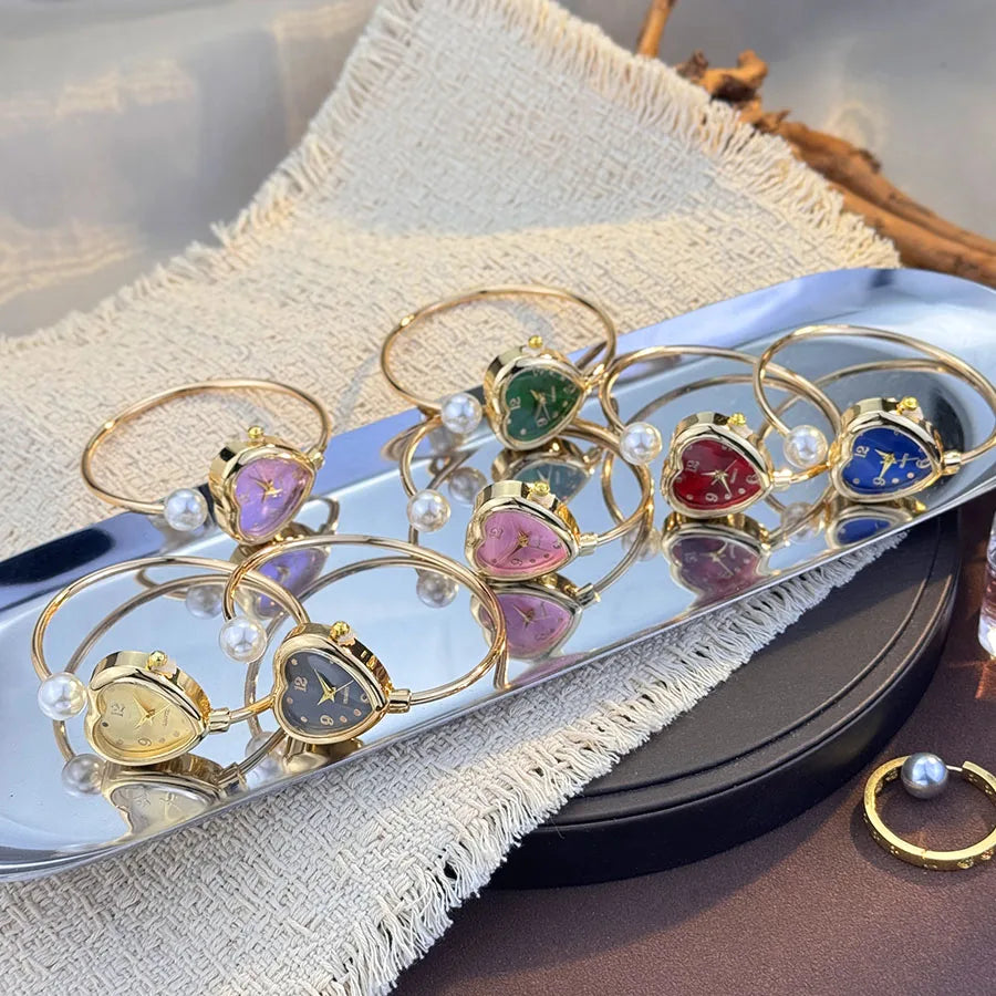 Montre Style Bracelet conception ouverte perle amour montre à Quartz, forme de coeur délicate, montre pour femme Portable nouveau style