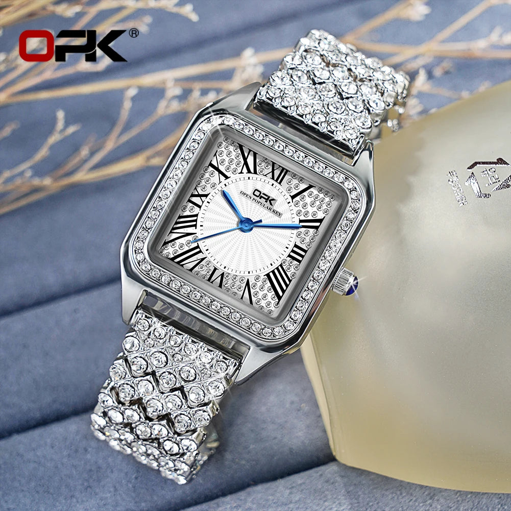 Montre de marque plein diamant étanche échelle romaine ceinture en acier dames montre à quartz 8619