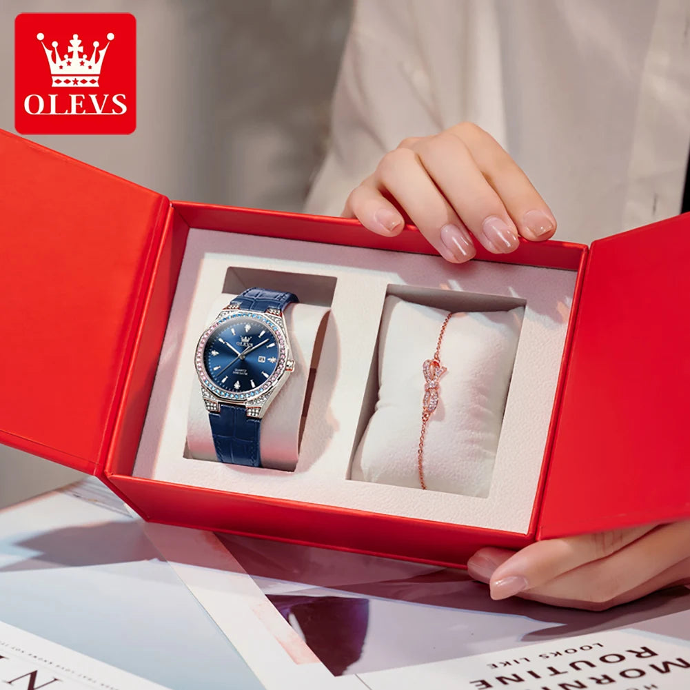 OLEVS Original femmes montres diamant tour mode bracelet en cuir 3m étanche lumineux dames montre-bracelet montre à Quartz pour les femmes