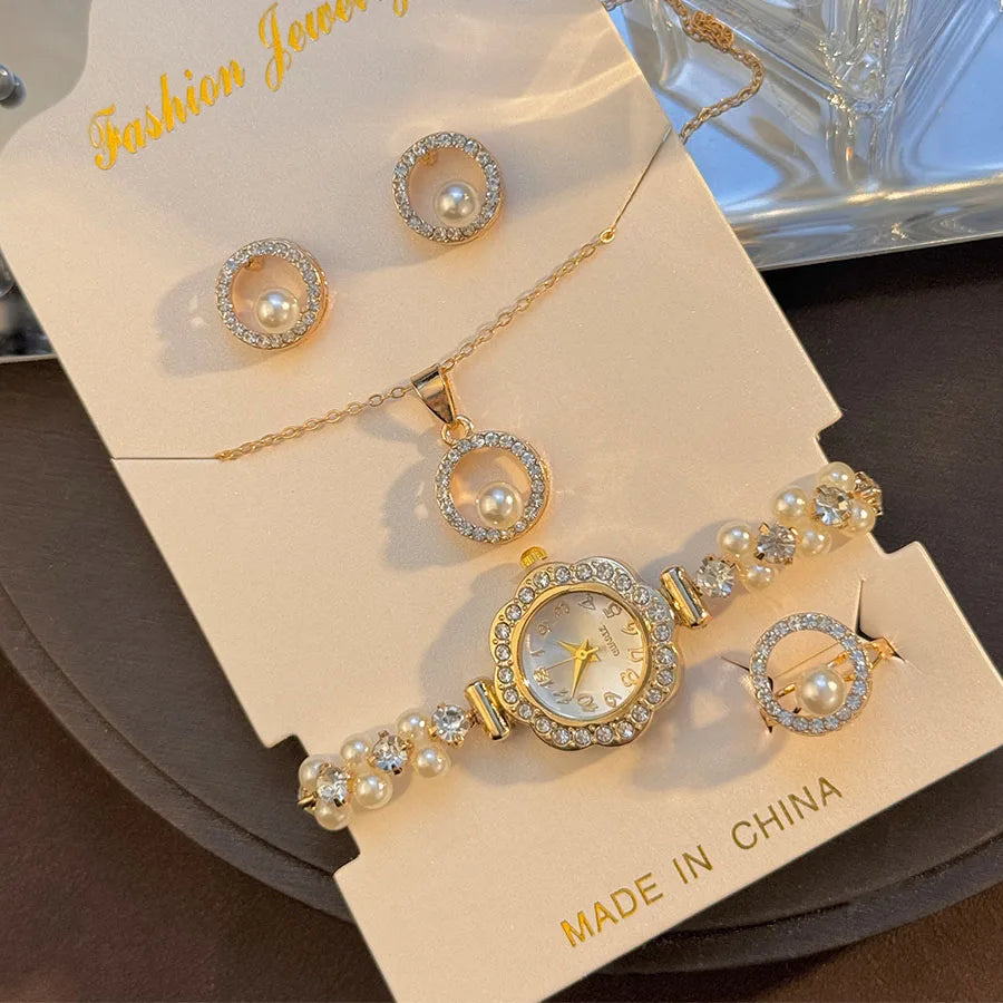 Ensemble Montre de luxe en diamant incrusté de perles pour femmes, cadeau pour femmes, collier, boucles d'oreilles, bague, montre-bracelet élégante, Suite de quatre pièces