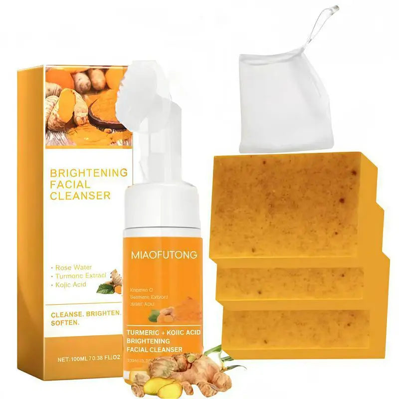 Ensemble nettoyant et savon au curcuma, nettoyage en profondeur, acide kojique, dissolvant de points noirs, nettoyage de la peau, contrôle de l'huile, estompe les marques d'acné, éclaircit