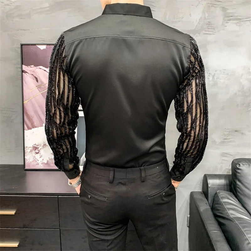 Chemises ajourées en dentelle pour hommes, manches longues, coupe Slim, Streetwear, fête sociale, Blouse, discothèque, chanteur, vêtements Dj, Camisas Para Hombre