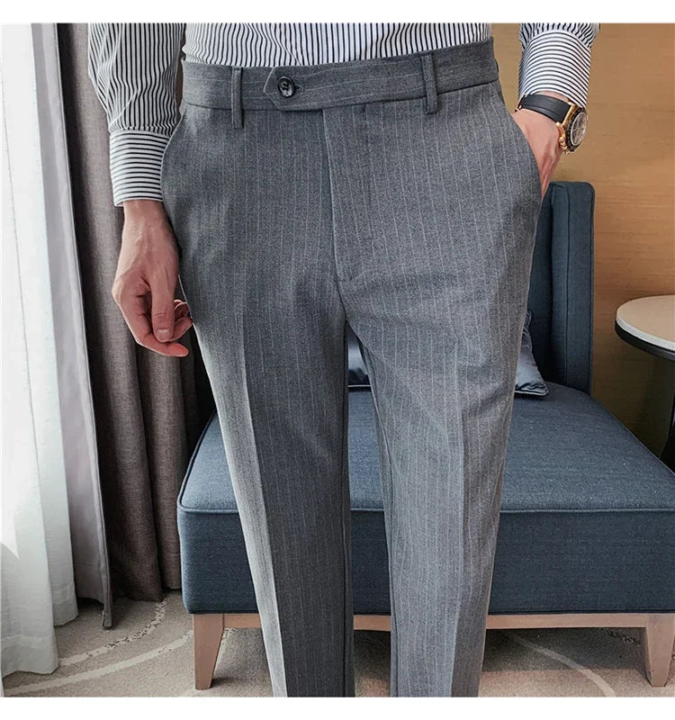 Pantalons décontractés à rayures noires pour hommes, trempés, vêtements de cérémonie pour hommes, robe de mariée, style britannique, affaires, boutique, qualité fjQuality