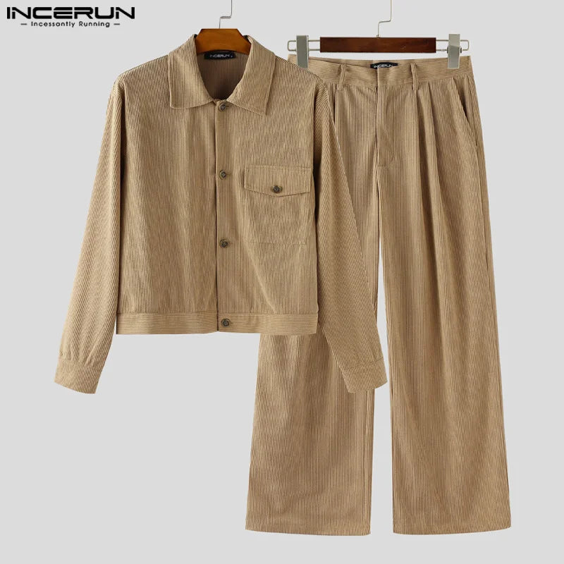Hommes ensembles velours côtelé couleur unie revers manches longues vestes et pantalons deux pièces ensembles