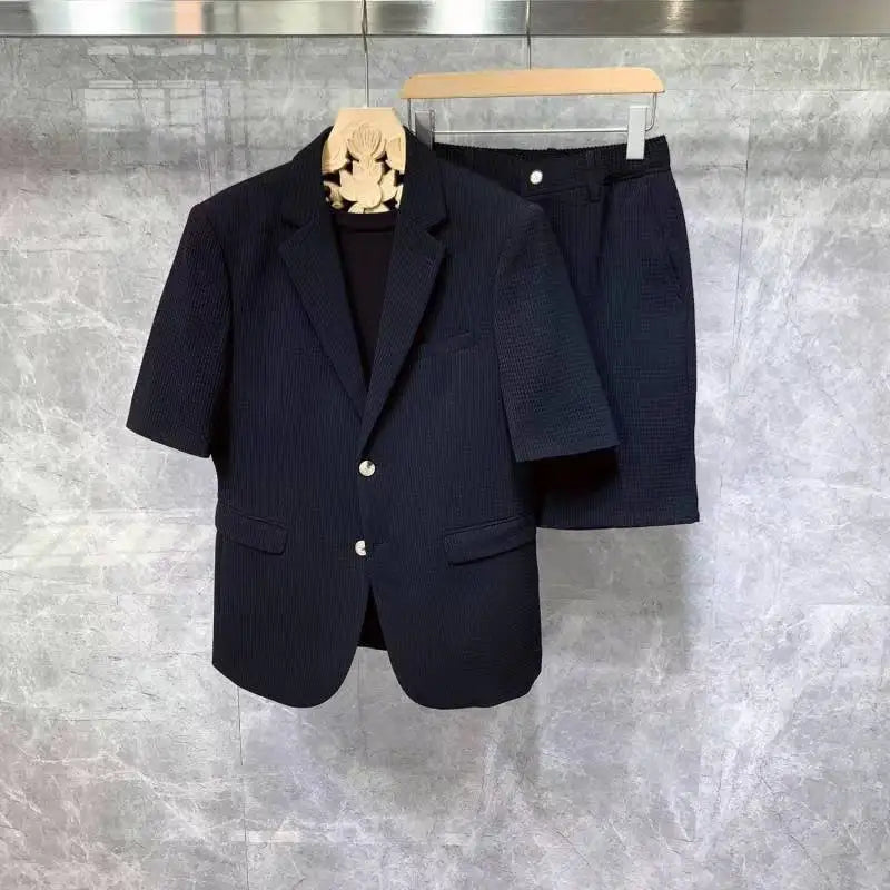 Costumes à manches courtes pour hommes, vestes et Shorts de Style coréen, tissu pied-de-poule Simple et solide, ensembles deux pièces confortables et ajustés