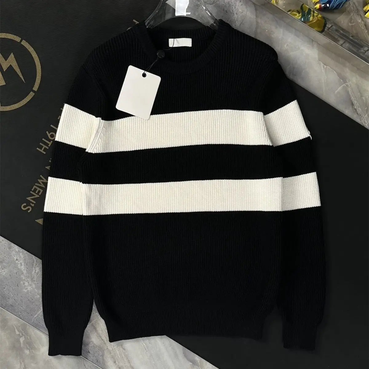 Pull  a rayure tendance pour hommes , automne et hiver, col rond décontracté  chauds