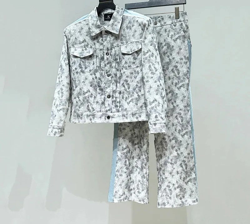 Ensemble élegant pour hommes Denim Patchwork simple boutonnage veste courte personnalité de la mode jambe droite pantalon