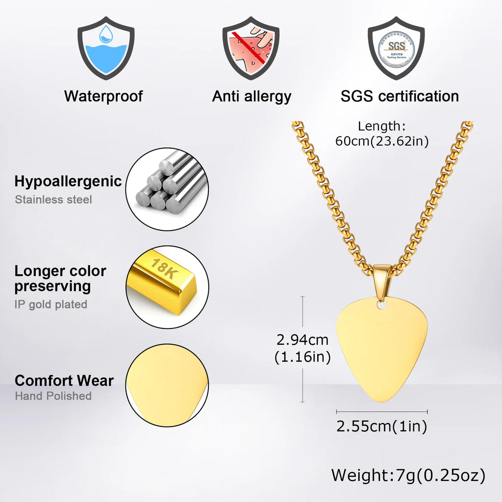 colliers de plectres de guitare avec nom personnalisé gratuit, pendentif de plectre de guitare personnalisé avec chaîne de boîte, cadeau pour les amoureux de la musique