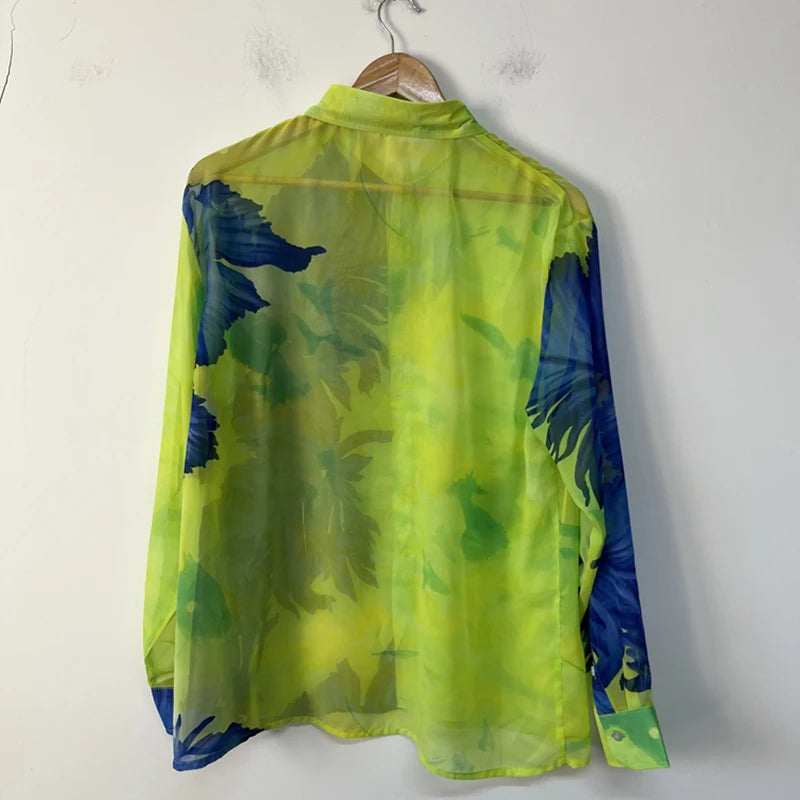 Chemise ample pour hommes couleur contrastée à la mode Semi-Transparent en mousseline de soie conception à manches longues col rabattu