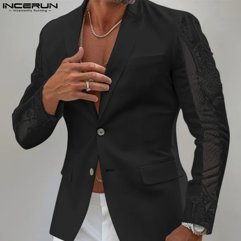 Mode Style décontracté hauts INCERUN nouveaux hommes Perspective dentelle épissage conception costume manteaux mâle solide à manches longues Blazer S-5XL 2024