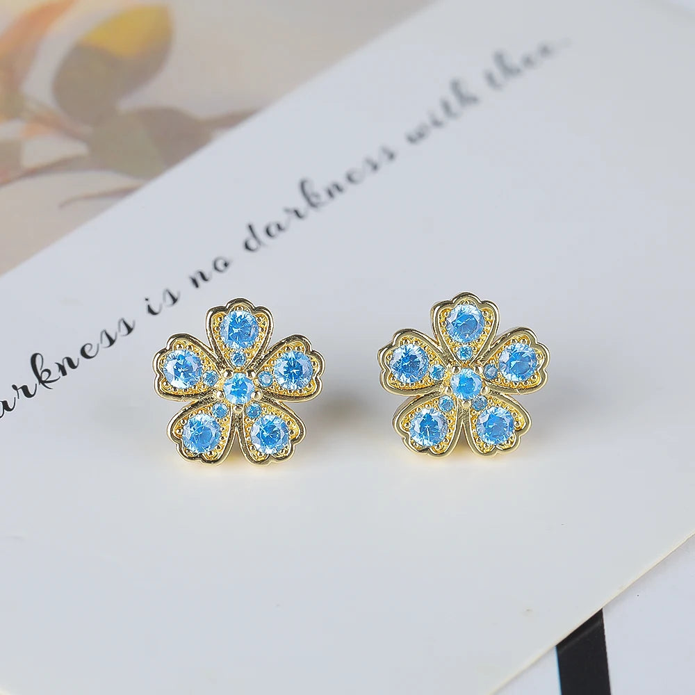 Cristal Zircon cinq feuilles fleur étamine fleur de prunier ensemble Bracelet collier boucle d'oreille mignon femmes 18K plaqué or bijoux trèfle