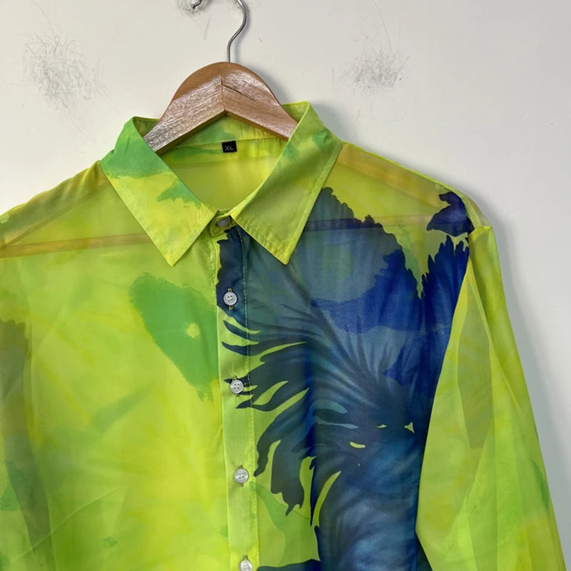 Chemise ample pour hommes couleur contrastée à la mode Semi-Transparent en mousseline de soie conception à manches longues col rabattu