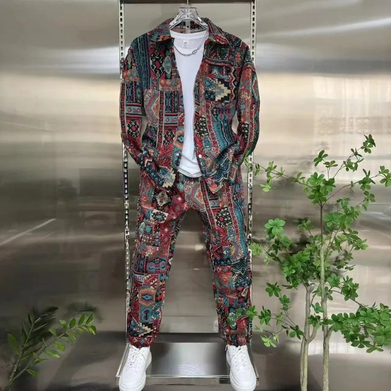 Ensemble pour homme Printemps chemise décontracté veste imprimé couleur Jacquard revers + pantalon