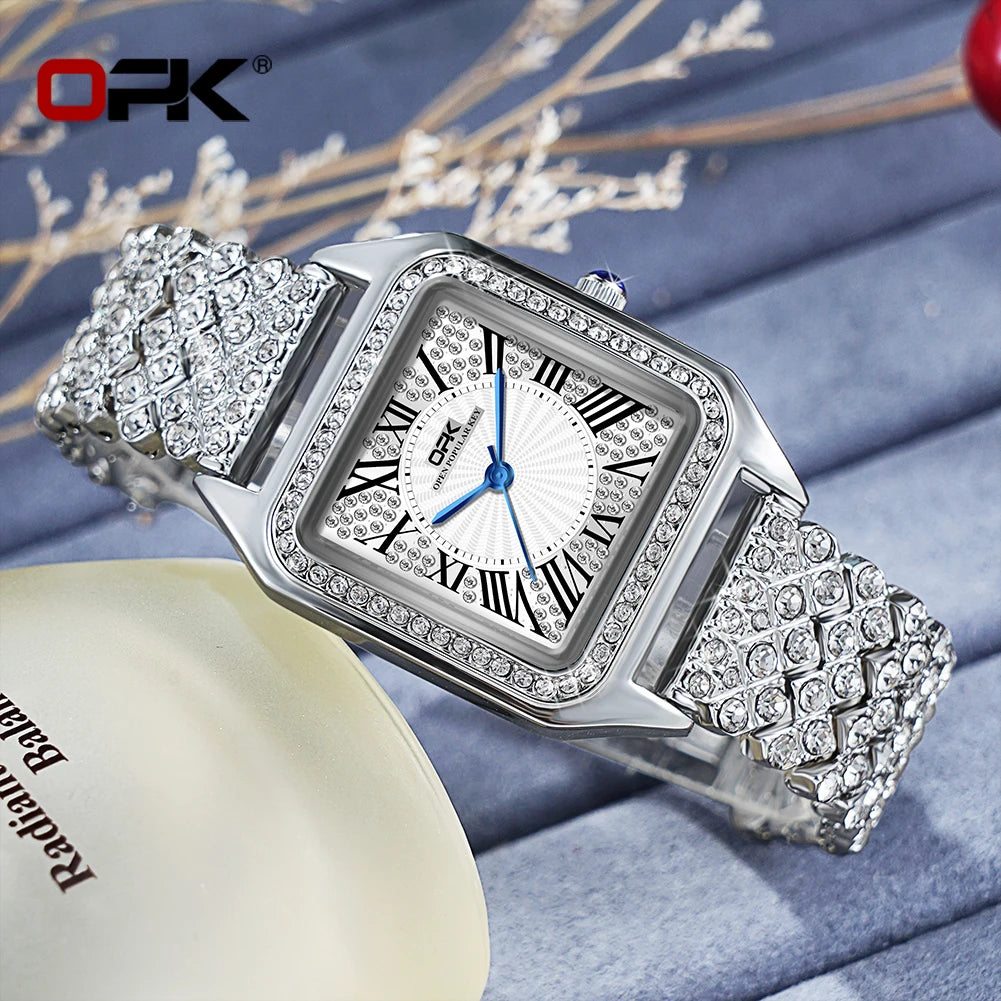 Montre de marque plein diamant étanche échelle romaine ceinture en acier dames montre à quartz 8619
