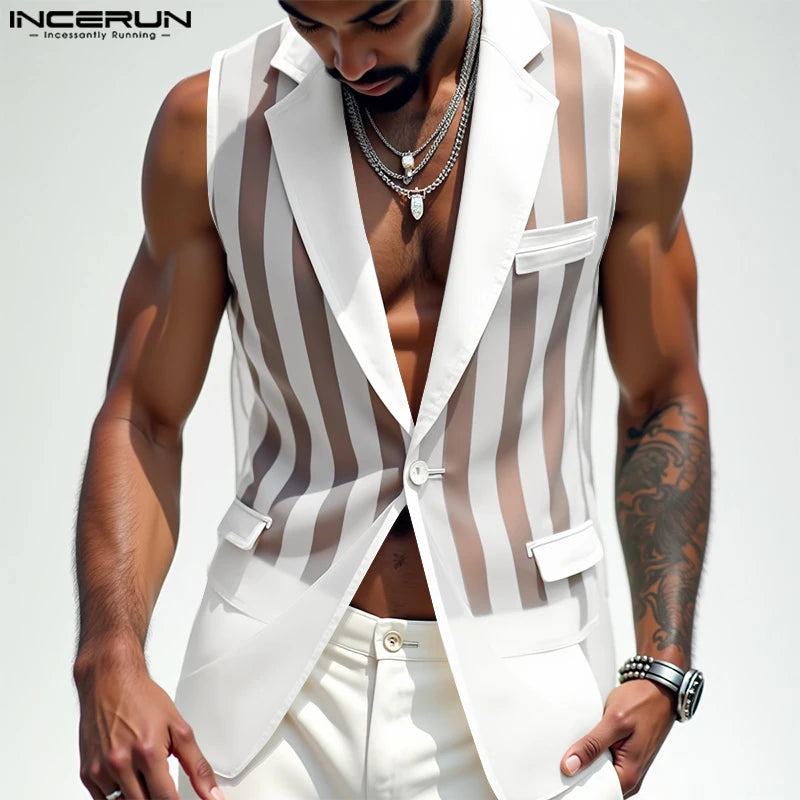 Hommes gilets maille rayé Transparent Sexy revers sans manches un bouton hommes gilets Streetwear 2025 mode gilets décontractés INCERUN