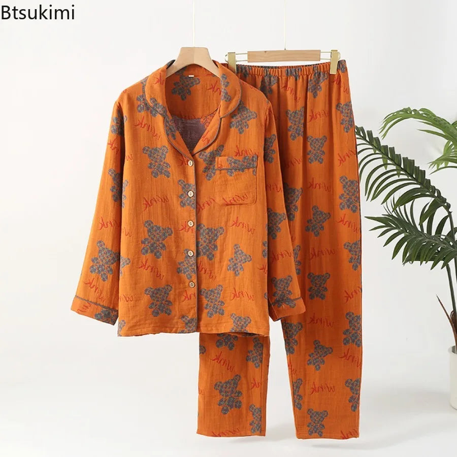 Pyjama rétro Double couche en pur coton pour femmes, ensemble deux pièces à manches longues, vêtements de maison, vêtements de nuit nouvelle collection 2026