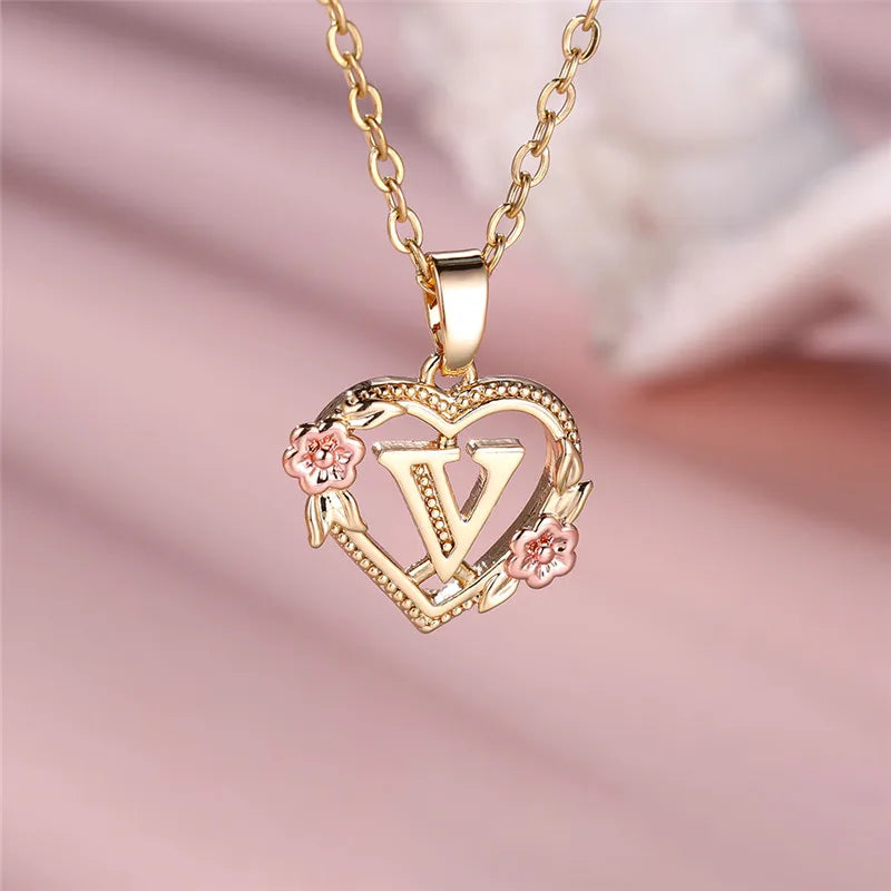Collier pendentif fleur lettre A-Z pour femmes, couleur or jaune, bijoux de mariage, cadeau pour femmes