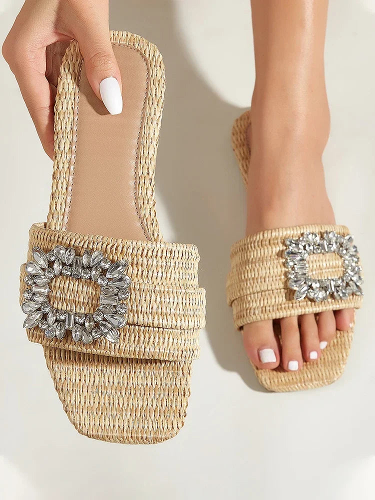 Chaussure d'été décontracté mode tête carrée canne tricoté talons plats pour femmes pantoufles fond plat cristal
