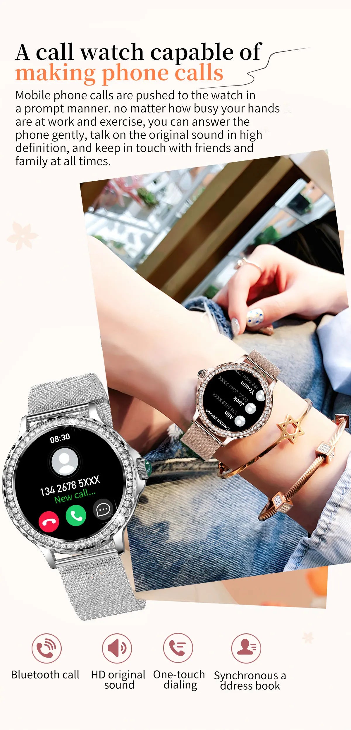 Montre intelligente diamant femme bracelet en métal 1.3 pouces écran HD appels Bluetooth moniteur de santé décoration de mode montre-bracelet
