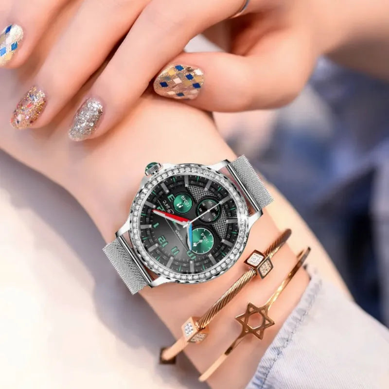 Montre intelligente diamant femme bracelet en métal 1.3 pouces écran HD appels Bluetooth moniteur de santé décoration de mode montre-bracelet