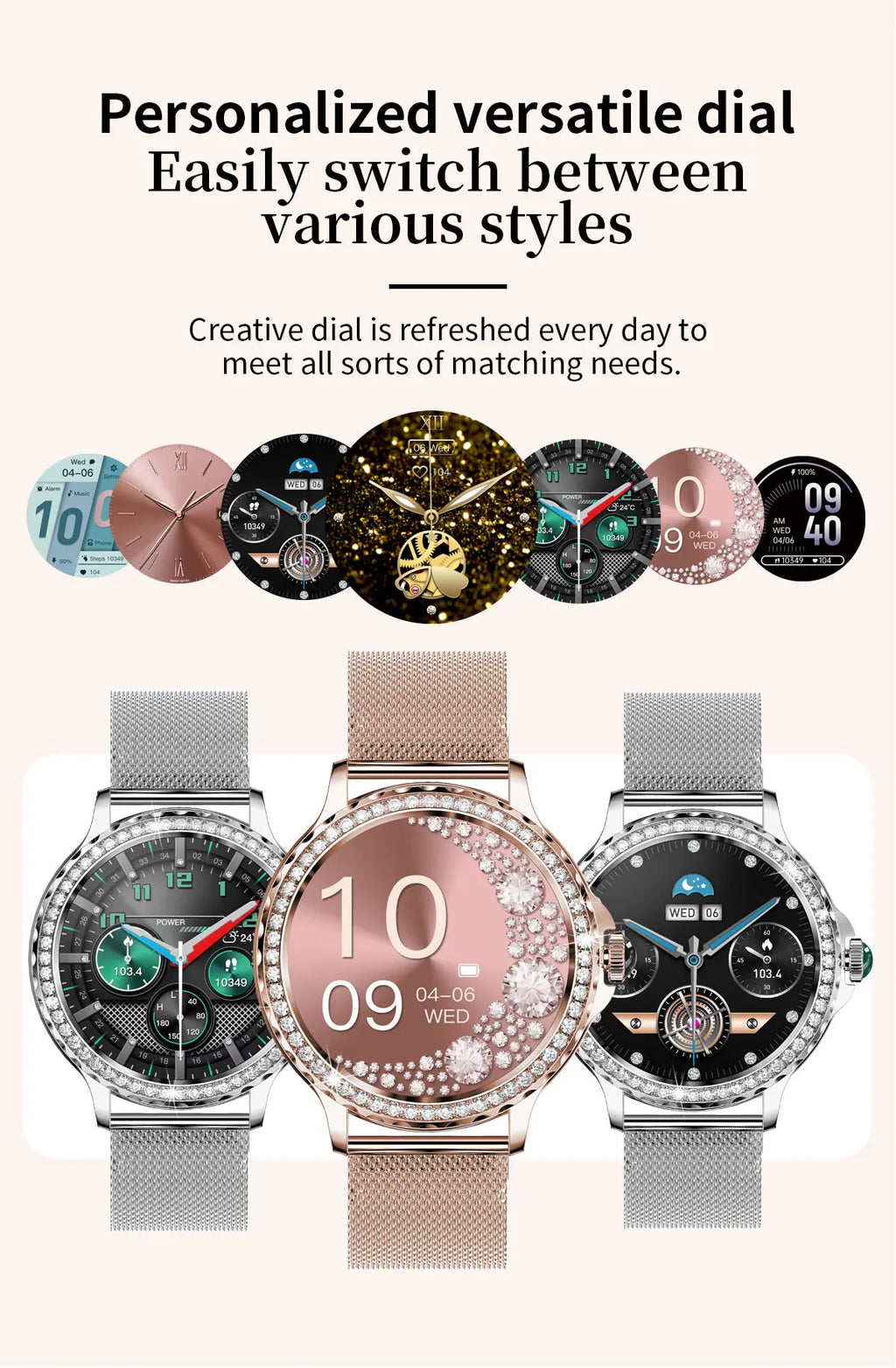 Montre intelligente diamant femme bracelet en métal 1.3 pouces écran HD appels Bluetooth moniteur de santé décoration de mode montre-bracelet