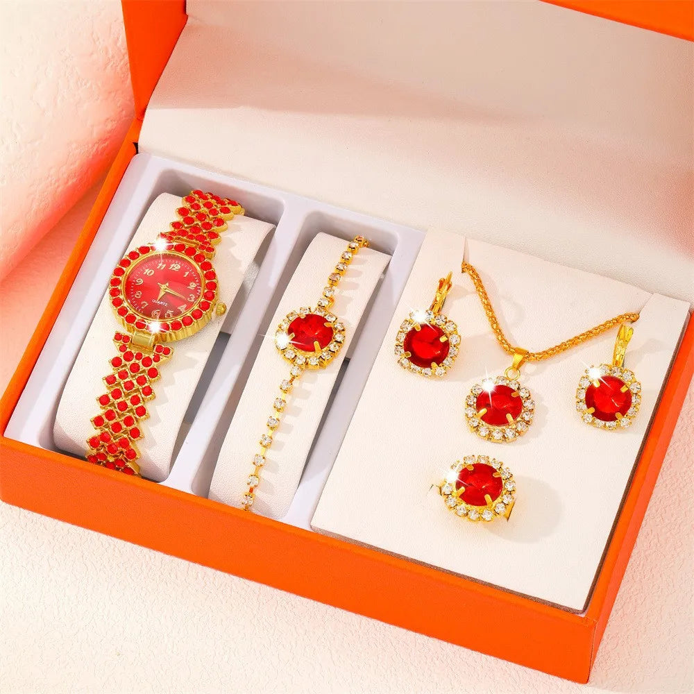 6 pièces/ensemble montre pour femme mode plein diamant Bracelet en acier pointeur montre à Quartz collier Bracelet boucles d'oreilles ensemble de bijoux (sans boîte)