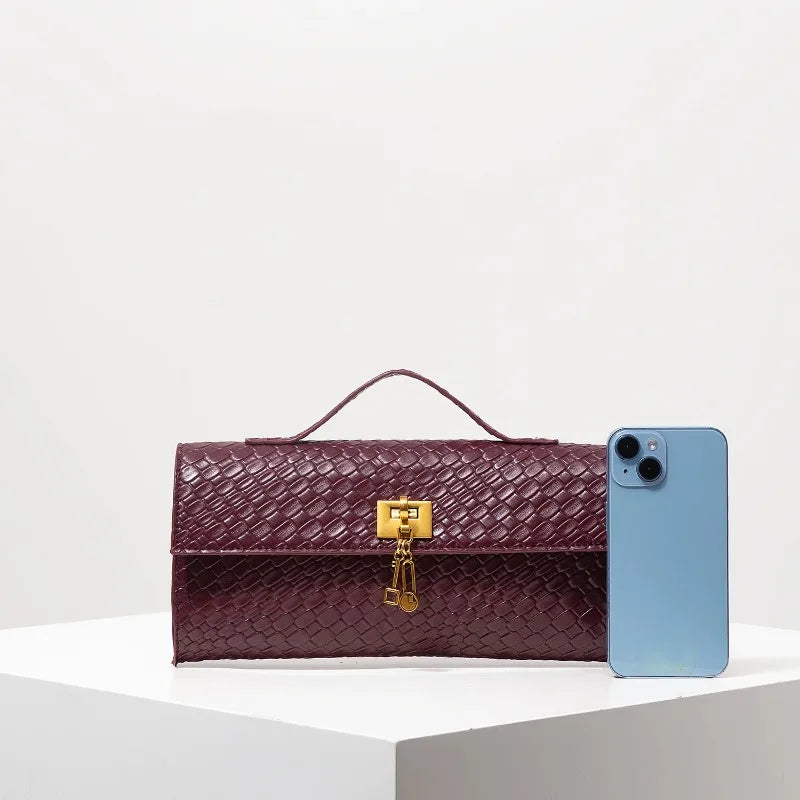 Sac à main rectangulaire tissé en simili cuir rétro, pochette pour femme, avec fermeture éclair, sac de dîner élégant, portefeuille rouge vin
