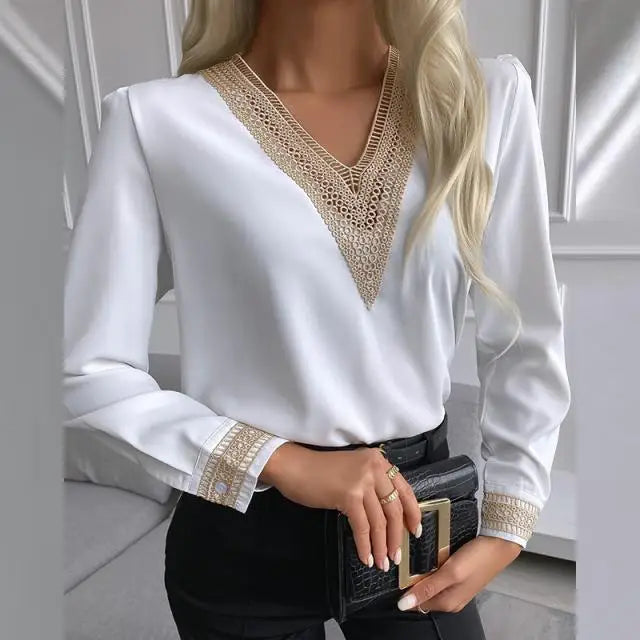 Chemise élégante en dentelle pour femmes, col en v, mode automne décontractée, bureau, pull blanc, manches longues, chemise ample pour dames