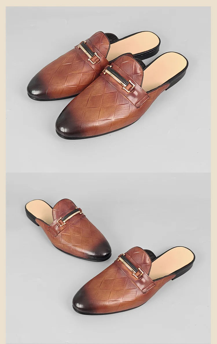 Mules plates pour hommes, pantoufles à enfiler en cuir de vache véritable, mocassins de luxe à motif Gerling, demi-chaussures fermées à bout pointu