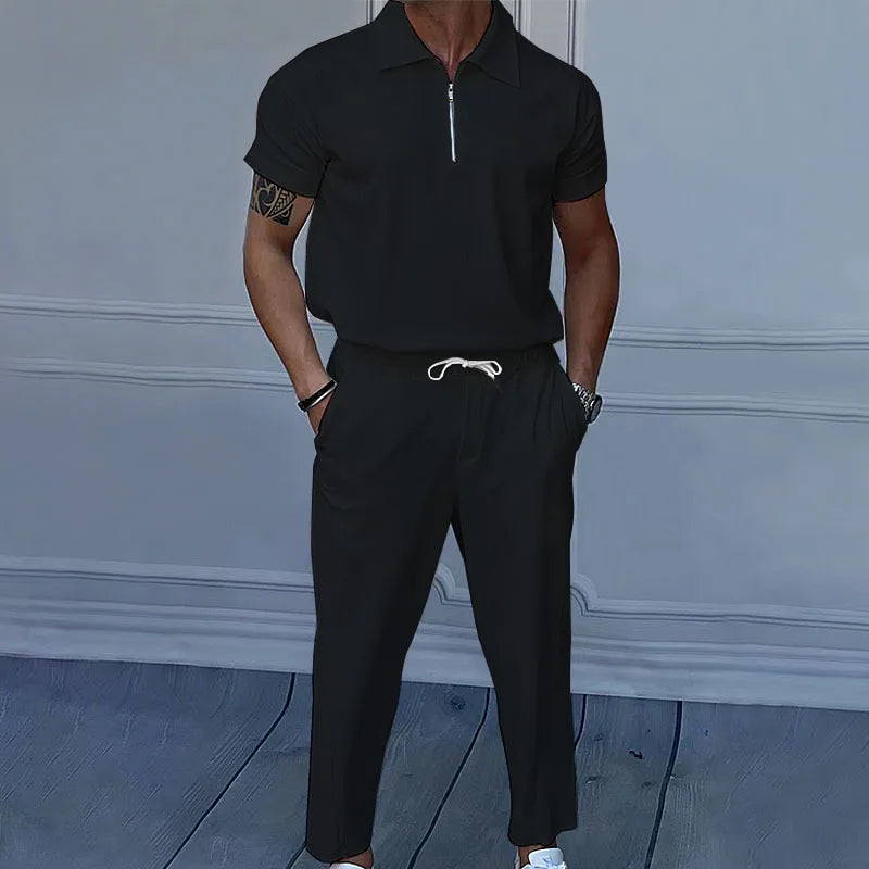 Ensemble pour hommes  couleur unie, revers, manches courtes, fermeture éclair, pantalon, nouvelle collection 2026